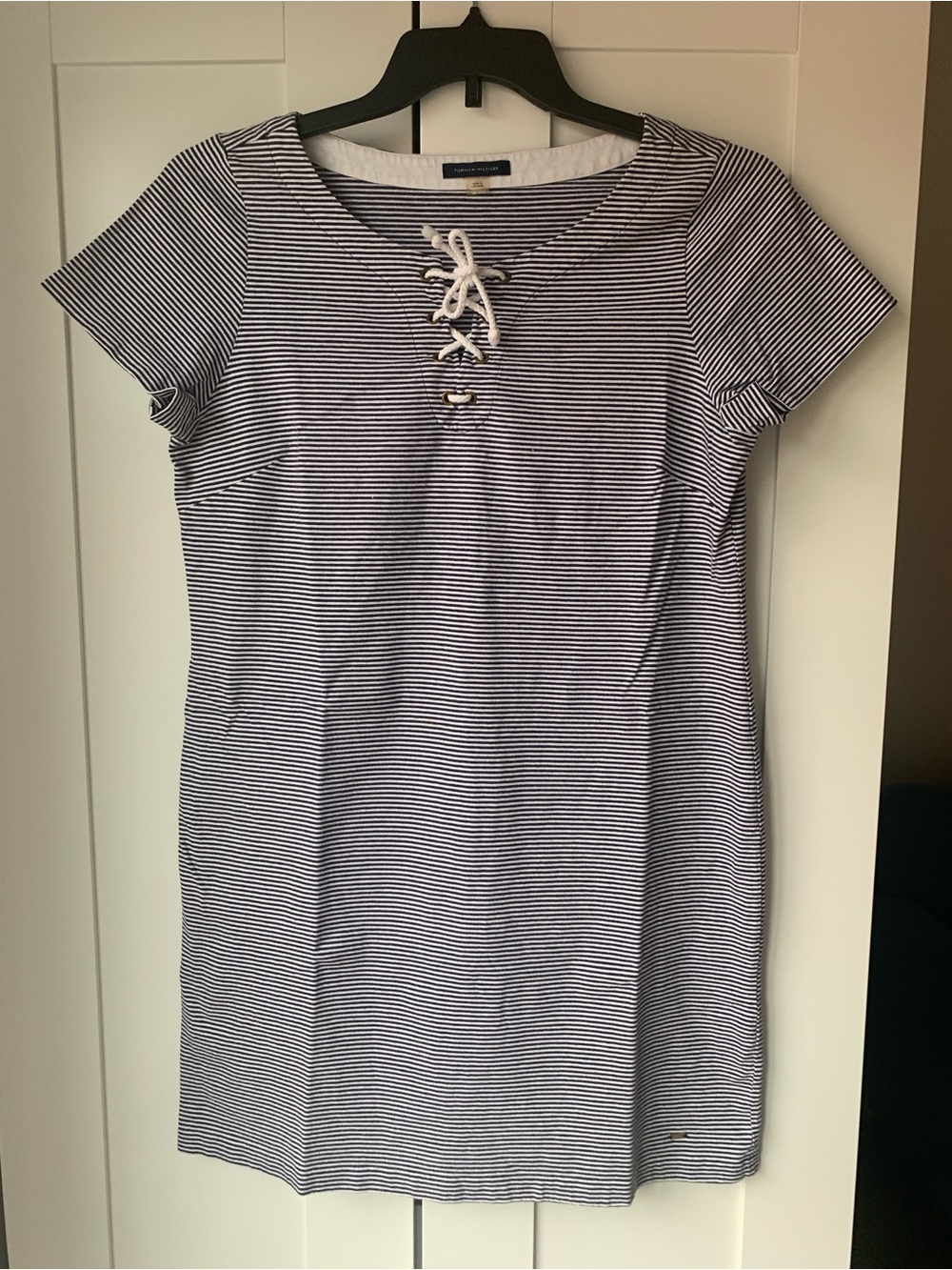 Tommy Hilfiger Striped Navy & White Lace-Up Short Sleeve Dress